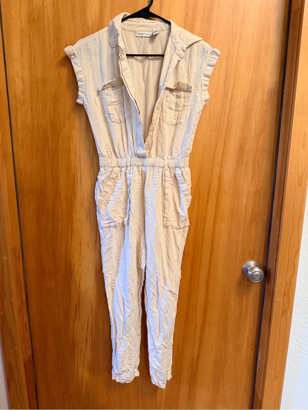 Sincerely Jules Cream Sleeveless Utility Jumpsuit
